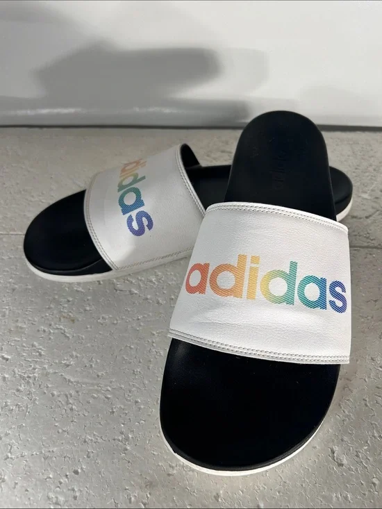 Adidas Mens SZ 13 White Slide Sandal Rainbow Logo Sporty Beach Sandal Poolside