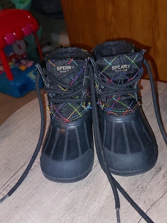 Sperry Black Kids Waterproof Duck Boots with Rainbow Stitching