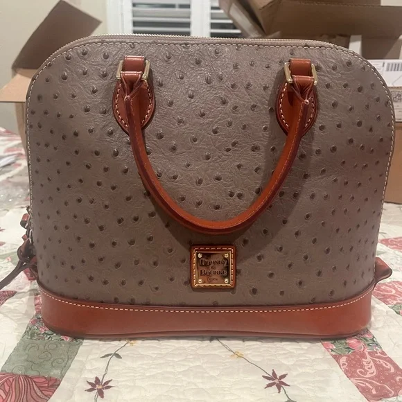 Dooney & Bourke Gray Ostrich-Texture Satchel with Brown Trim