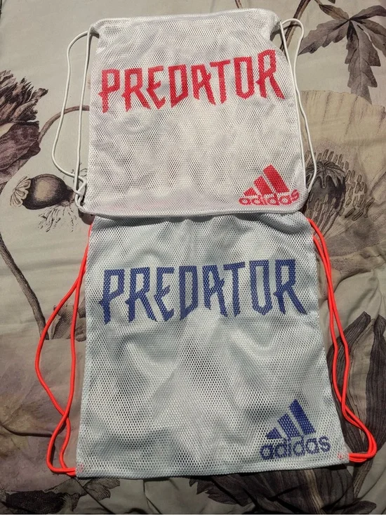 adidas Predator Mesh Drawstring Bags in White with Red and Blue Accents