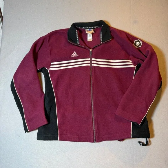 Vintage Adidas Soccer Fleece Jacket Maroon Black Full Zip Mens Large Retro 90s