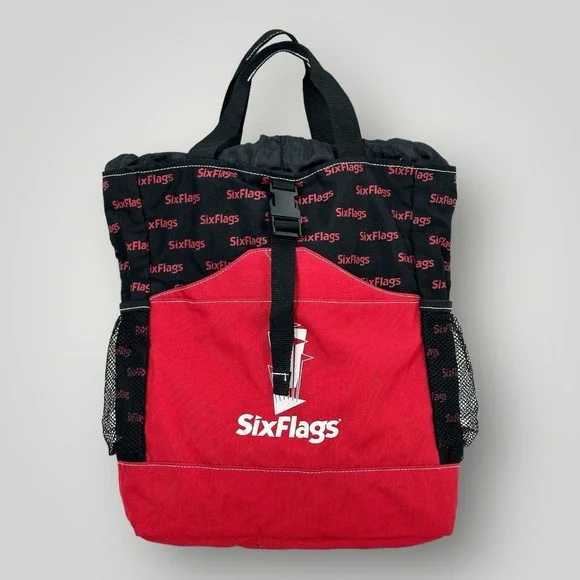 Vintage‎ Six Flags Backpack Red Black Travel School Bag 17x14