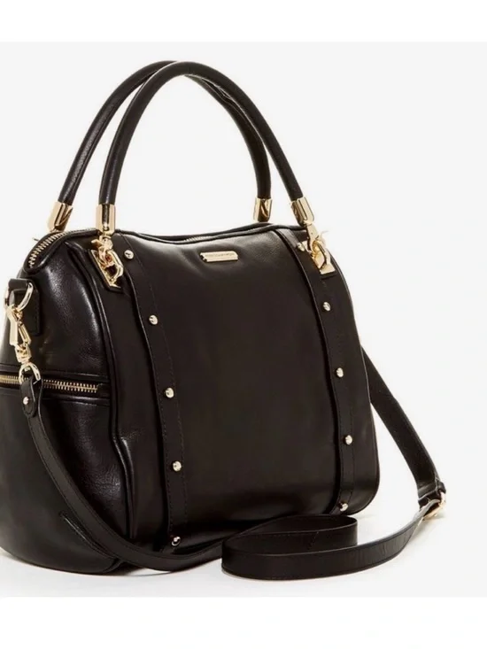 Rebecca Minkoff Cupid Satchel Black Leather Satchel Handbag with Gold Studs