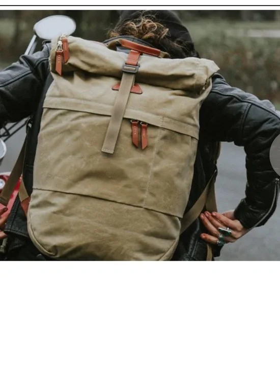 Roll-Top Canvas Backpack for Men — Khaki with Brown Trim