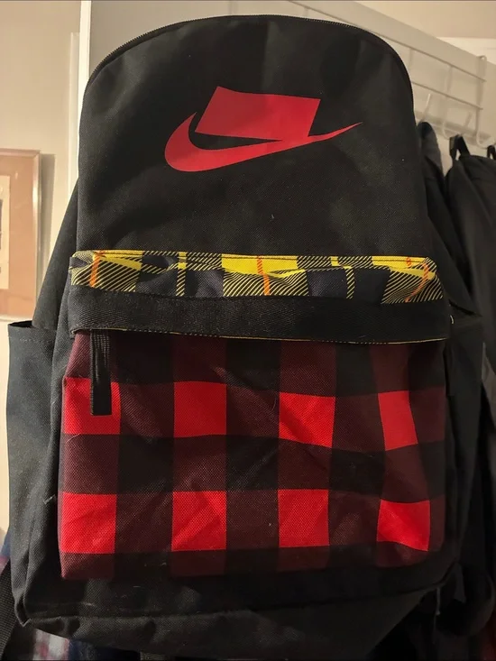 Nike Black Backpack with Red Plaid Front and Yellow Trim
