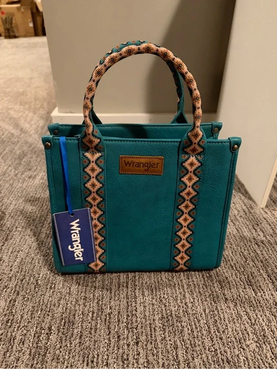 Wrangler Teal Faux-Leather Satchel with Patterned Woven Trim