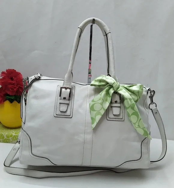 Coach Hampton White Leather Double Handle Zipper Closure Satchel Shoulder Bag