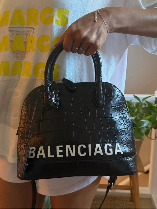 Balenciaga Black Croc-Embossed Leather Satchel with White Logo