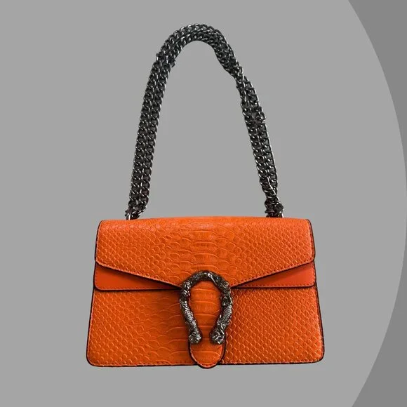 Orange Snake Print Leather Crossbody Satchel Handbag, Gucci like