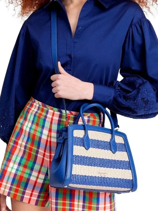 New Kate Spade Knott Striped Woven Medium Satchel Classic Blue Multi Preppy