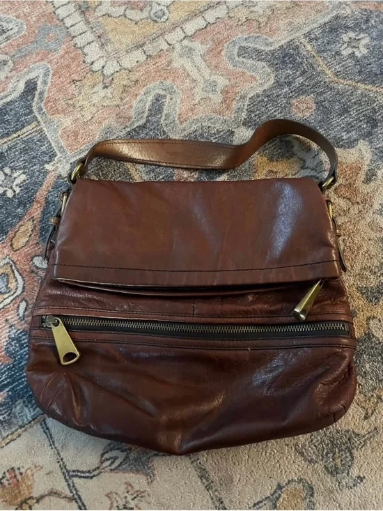 Fossil Brown Leather Flap Satchel with Front Zip