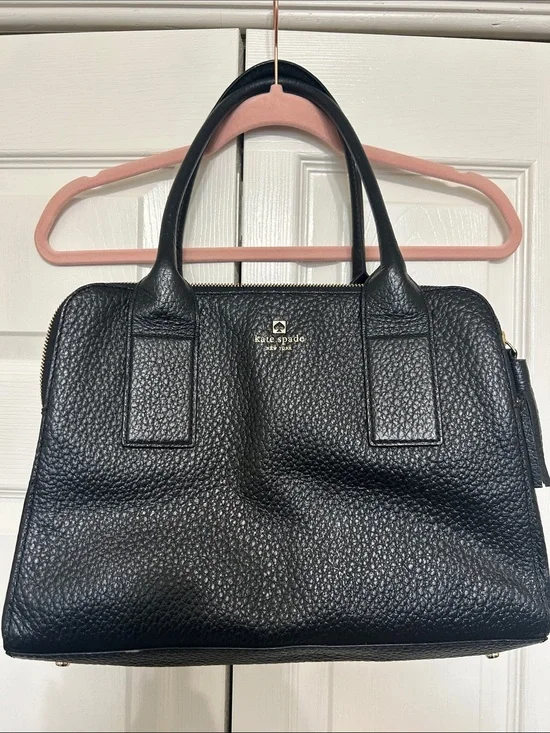 kate spade Black Pebbled Leather Dome Satchel with Gold Logo