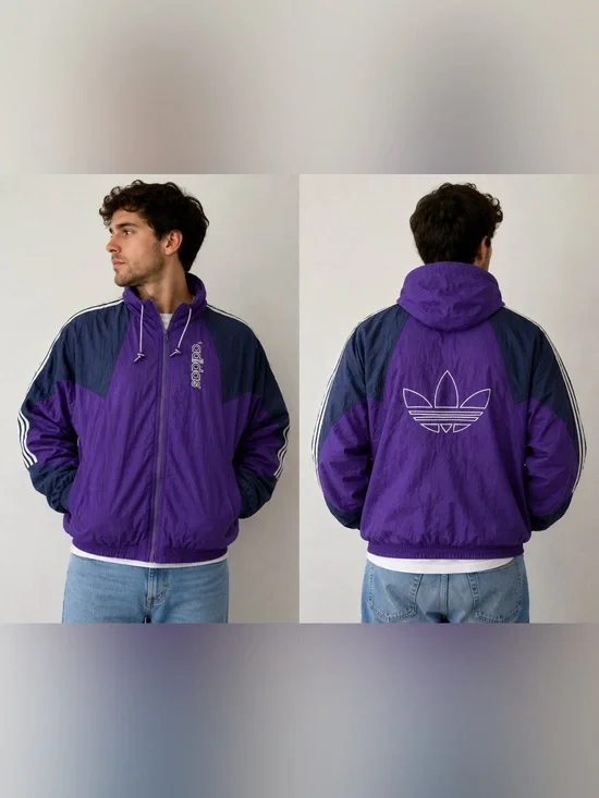 Vintage Adidas Trefoil Hooded Puffer Jacket Purple Black 90s Spellout Stripe L