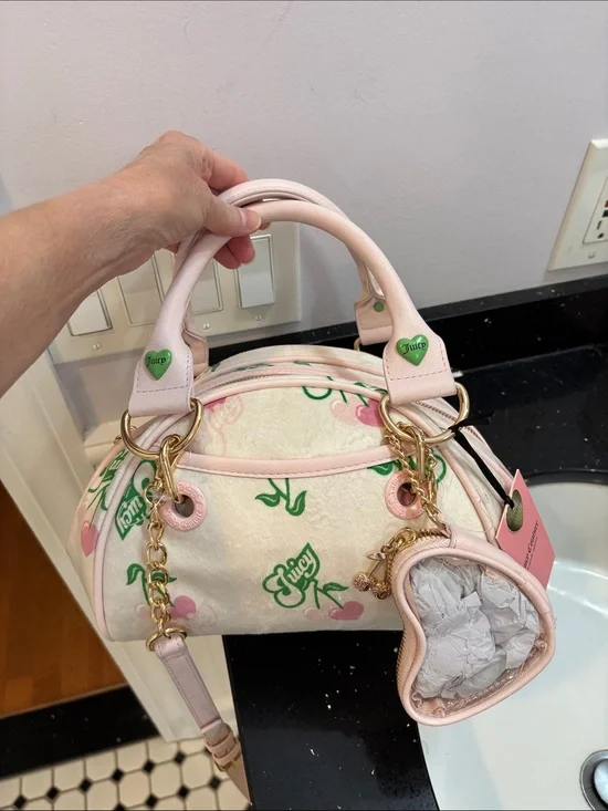 NWT Juicy Couture Light Pink Cherry-Print Satchel with Gold Hardware