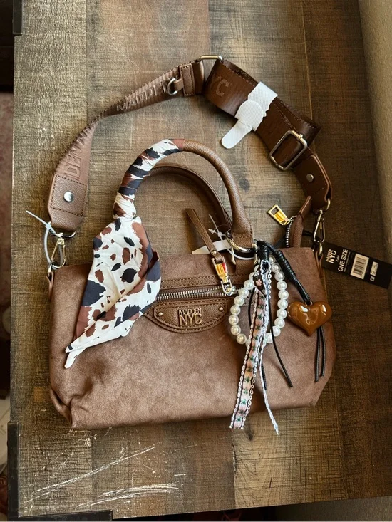 Steve Madden Brown Convertible Satchel with Patterned Scarf