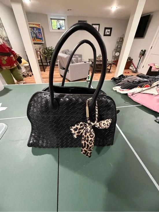 Black Woven Dome Satchel with Leopard Bow Accent