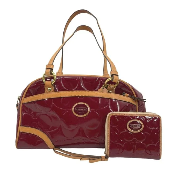 Coach Satchel Bag Women Medium Red Patent Leather Signature C Set Wallet Vintage