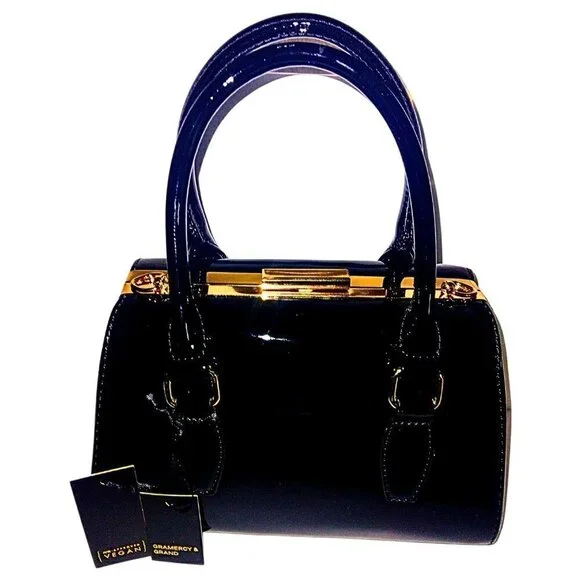 GRAMERCY & GRAND BLACK AND GOLD  VEGAN LEATHER SATCHEL HANDBAG PURSE - NWT