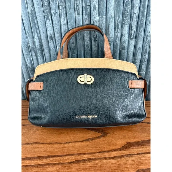 Nanette Lepore Satchel Handbag Black Tan  Pebbled Vegan Leather Gold Hardware