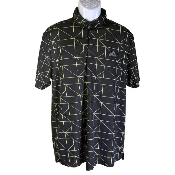 Adidas Polo Shirt Mens Large‎ Black Lime Green Geometric Grid Golf Athletic Top