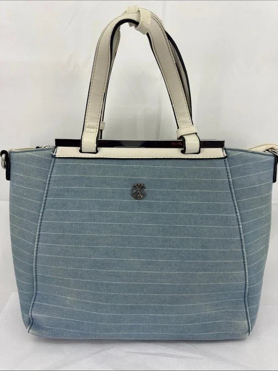 CXL by Christian LaCroix Giulia Satchel Purse, Denim Light Blue w/ Cream Stripes