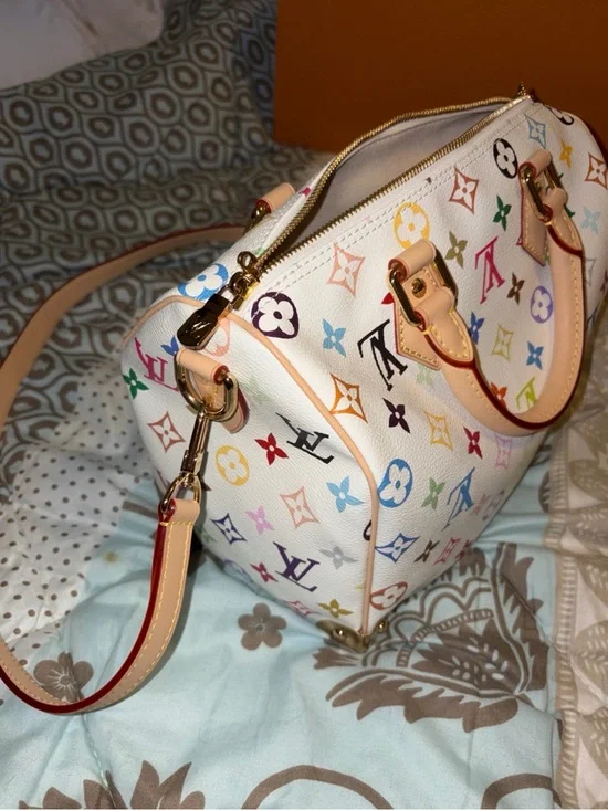Louis Vuitton White Multicolor Monogram Speedy 25 & Victorine wallet pair