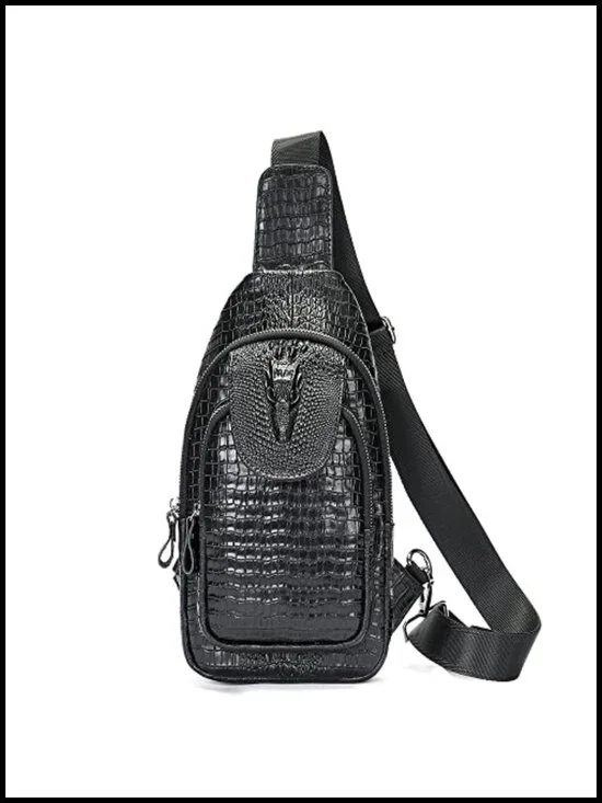 Genuine Leather Sling Bag with Crocodile Embossed Pattern