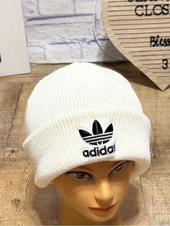 Adidas White Cream Trefoil Knit Beanie Winter Hat Black Embroidered OSFM
