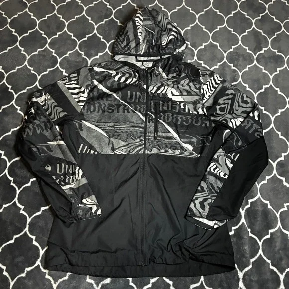 Adidas Mens Running Windbreaker Jacket Black Grey Graphic Hooded Full Zip L