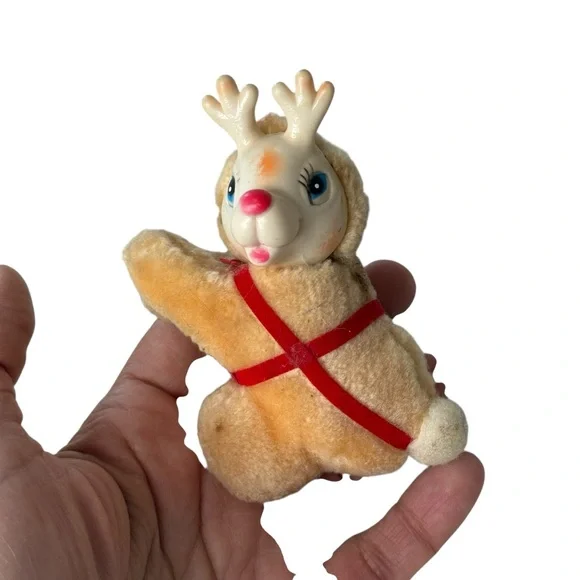Vintage‎ Christmas Reindeer Plush Rubber Face Tan Red Harness MCM Toy 4 Inch