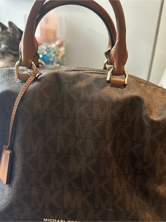 Michael Kors Brown MK Signature Dome Satchel with Tan Handles