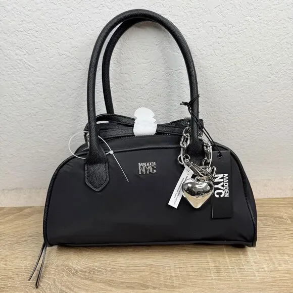 Madden NYC East West Bowler Bag Black Nylon Crossbody Shoulder Bag Heart Charm