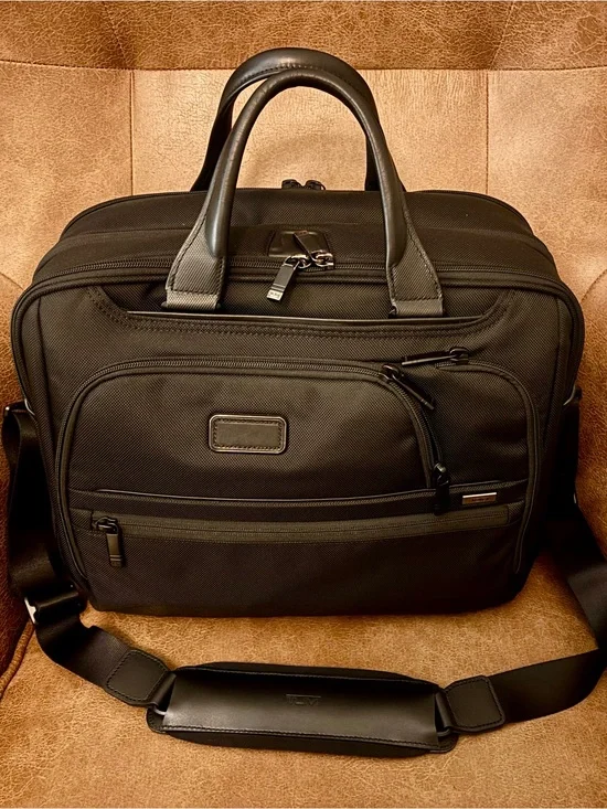 Tumi Black Nylon Briefcase with Leather Trim and Shoulder Strap