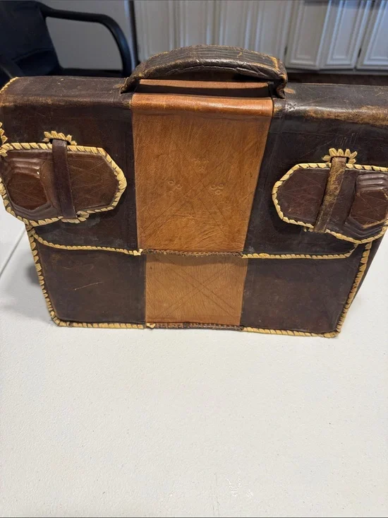Vintage Two-Tone Brown Leather Briefcase with Tan Center Panel
