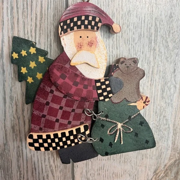 Primitive Wooden Santa Claus Christmas Ornament Folk Art Plaid Teddy Bear Tree
