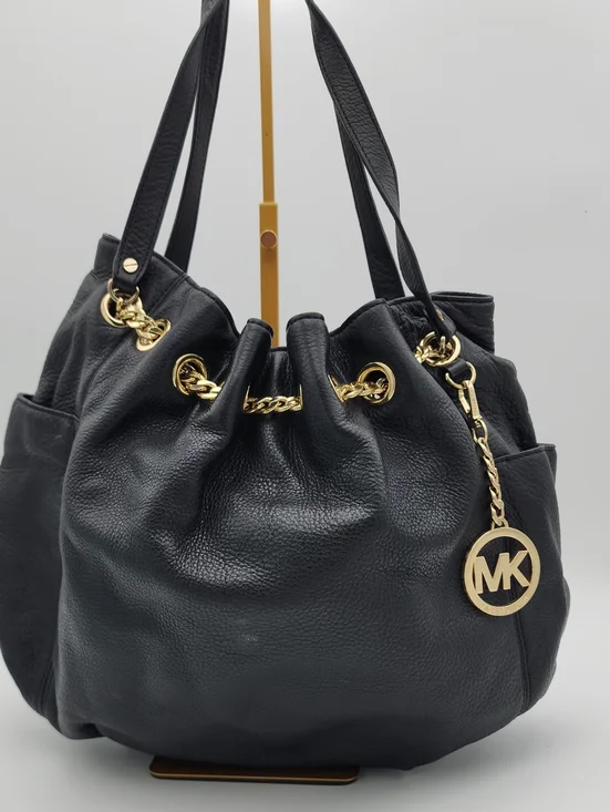 Michael Kors Black Leather Drawstring Shoulder Bag with Gold Hardware