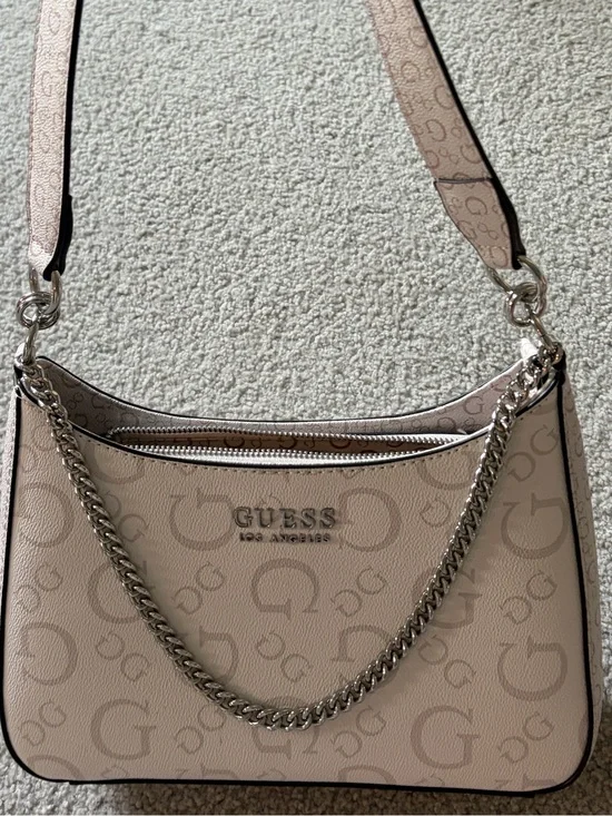 GUESS Beige Logo-Print Shoulder Bag with Silver Chain