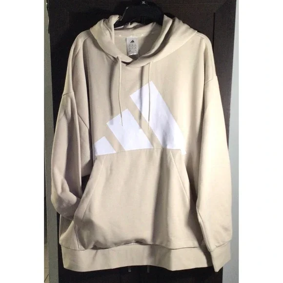 Adidas Mens Oversized Hoodie Beige Tan White Logo Pullover Sweatshirt 2XL NEW