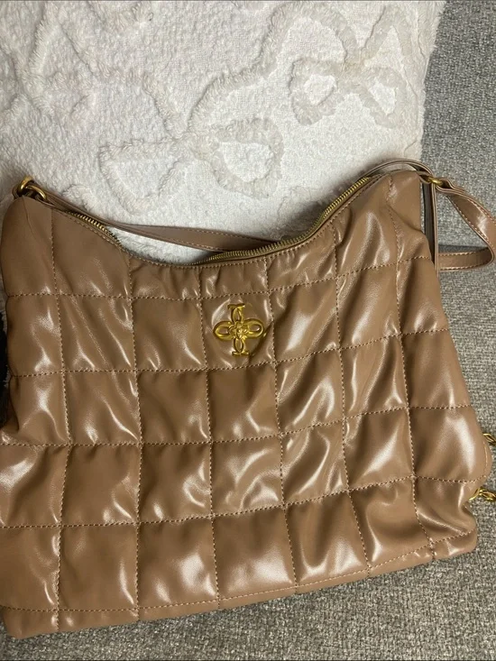 Taupe Quilted Shoulder Bag with Gold Accent