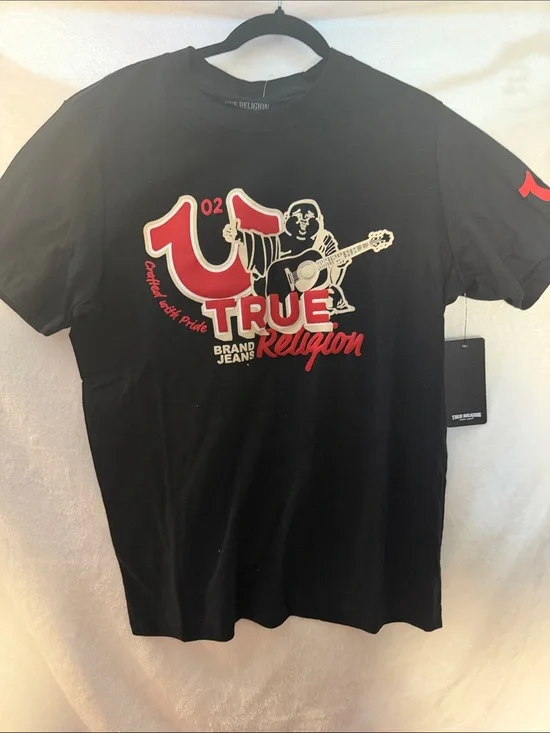 True Religion Black Tee with Red and Cream Graphic Logo