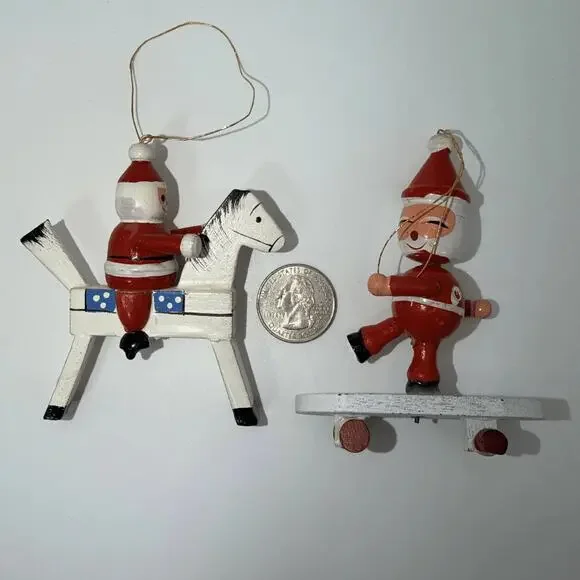 Lot Of 2 Vintage Wooden Santa Claus Christmas Tree Ornament Rocking Horse Skater