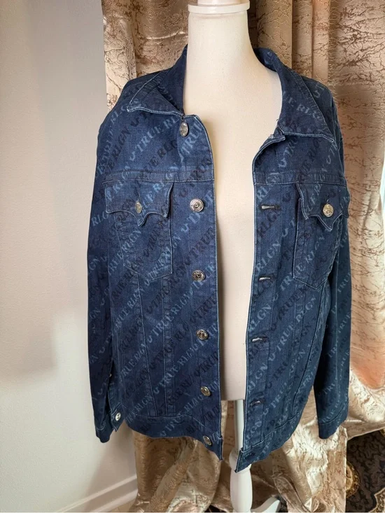 True Religion Trucker Jacket SN Monogram XXL GGMH Channel Blue NWT Denim