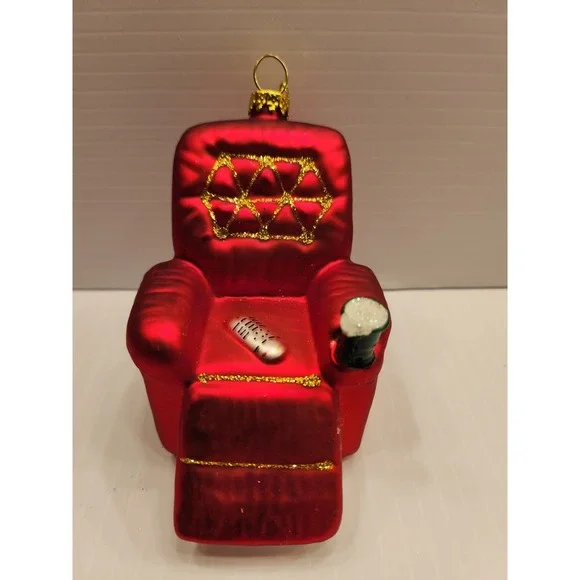 Blown Glass Red Lounge‎ Chair Ornament with Gold, remote ,beer, dads chair