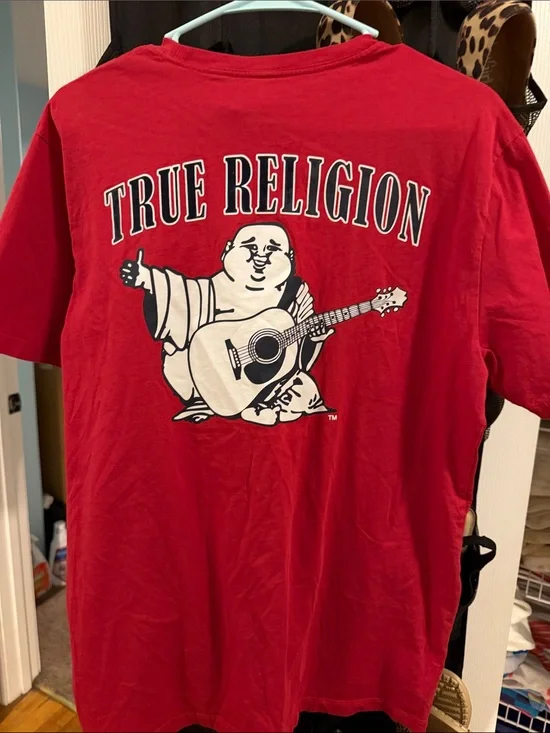 True Religion Red Tee with Buddha Guitar Graphic