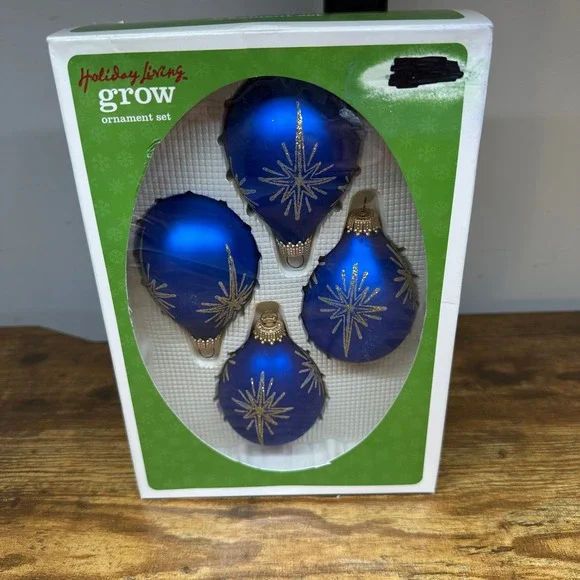 Holiday Living Grow Blue Glass Teardrop Christmas Ornaments Gold Glitter 4 Pack