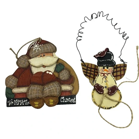 Two‎ Rustic Primitive Snowman & Fat Santa Claus Handmade Christmas Ornaments