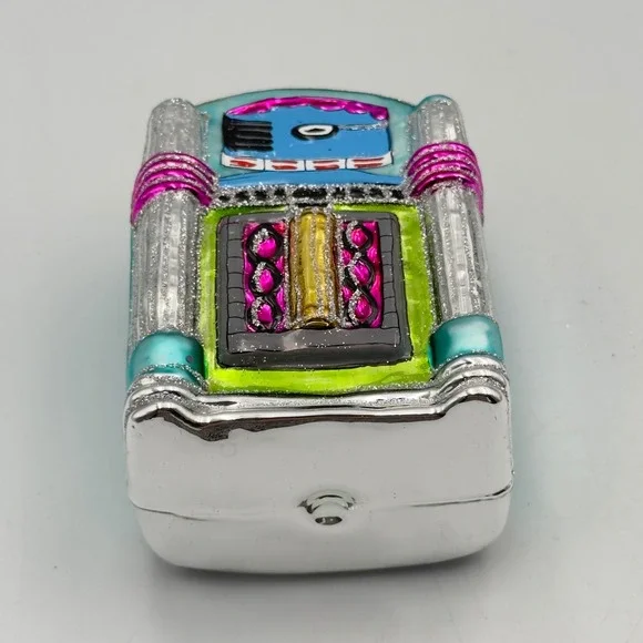 Vintage Style Jukebox Glass Christmas Ornament 1950s‎ Retro Music Teal Glitter