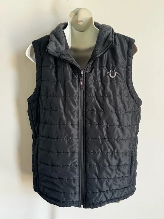 True Religion Black Quilted Puffer Vest with Gray Hood Lining
