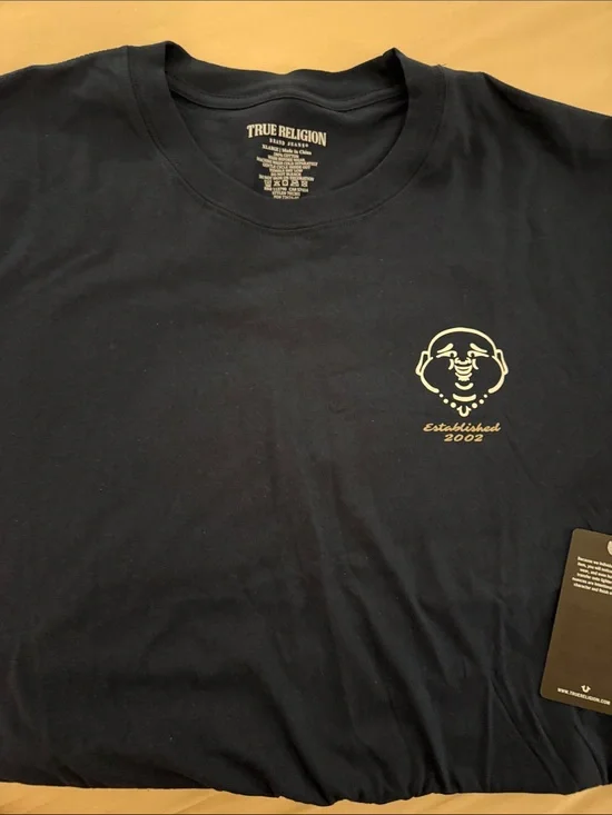 True Religion Navy Short Sleeve Tee with Cream Buddha Chest Graphic