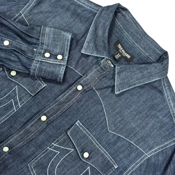 True Religion Denim Western Shirt Mens M Dark Wash Blue Indigo Pearl Snap‎ Logo